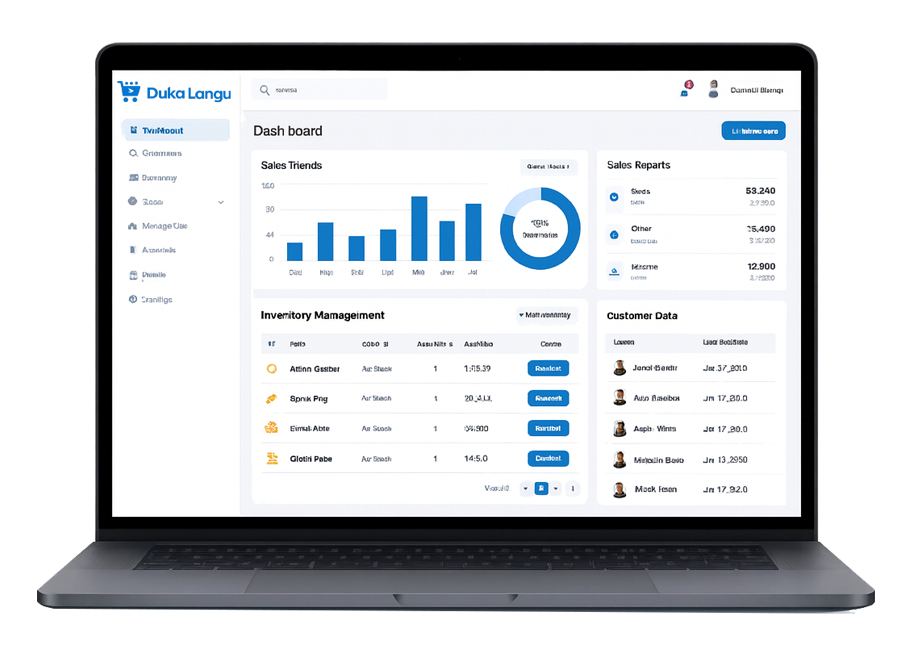 Dashboard ya DukaLangu POS kwa sales, stock, na profit management